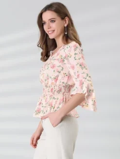 Allegra K Women's Chiffon Floral Blouse V-neck Flare Sleeve Spring Smock Waist Top -Allegra K GUEST e12fc1a3 5ff3 4f5e 8db0 7c46080dcf9f