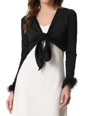 Allegra K Women's Tie Front Long Sleeve Faux Feather Cuff Open Navel Cardigan 5 Allegra K Women's Tie Front Long Sleeve Faux Feather Cuff Open Navel Cardigan - Image 5