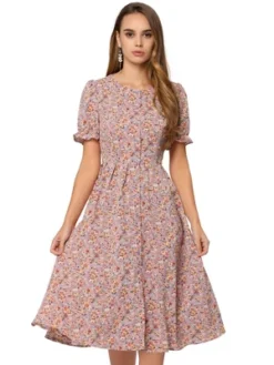 Allegra K Women's Floral Round Neck Ruffle Sleeve Button Down Midi Shirt Dress -Allegra K GUEST e2627268 78b4 441f aa28 95ac27ba41cf