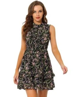 Allegra K Women's Floral A-line Smocked Waist Tiered Ruffled Chiffon Mini Dress -Allegra K GUEST e295a53c 88b9 4834 82cf 1f741e9615fa