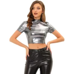 Allegra K Women's Party Short Sleeve Mock Neck Metallic Crop Top -Allegra K GUEST e2bde773 cffe 4dc8 ada3 fd8f1a6f068c