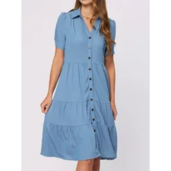 Allegra K Women's Summer V Neck Short Sleeve Button Down Tie Waist Chambray Shirt Dress