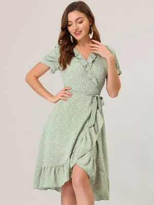 Allegra K Women's Floral Ruffle V Neck Tie Short Sleeve Wrap Midi Dresses 1 Allegra K Women's Floral Ruffle V Neck Tie Short Sleeve Wrap Midi Dresses