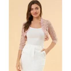 Allegra K Women's Elegant Ruffle Collar Sheer Floral Lace Crop Shrug