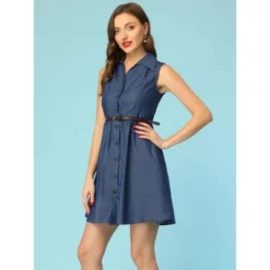 Allegra K Women's V Neck Collared Sleeveless Belted Mini Casual Chambray Dress