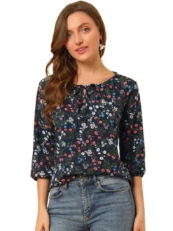 Allegra K Women's Bow Tie Round Neck 3/4 Raglan Sleeve Floral Blouse Tops -Allegra K GUEST e3f61d97 f39f 449e a5da e6f6b0f7eeb9