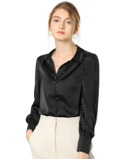 Allegra K Women's Satin Puff Sleeve Point Collar Vintage Button Up Shirt -Allegra K GUEST e41aaa91 fcfe 43ab 8d9e d0c61fa609e7