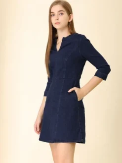 Allegra K Women's Casual A-Line Jeans Split Neck 3/4 Sleeve Short Stretchy Denim Dresses -Allegra K GUEST e4370dd8 1898 4c91 9e6f 930cfa7dde09
