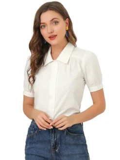 Allegra K Women's Elegant Spread Collar Puff Short Sleeve Button Front Shirt -Allegra K GUEST e441b146 345b 4b0a bb1a 992e4c69f911