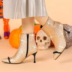 Allegra K Women's Pointed Toe Stiletto Heels Sparkle Ankle Boots