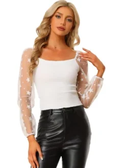 Allegra K Women's Square Neck Blouse Star Print Mesh Sheer Long Sleeve Textured Crop Top -Allegra K GUEST e4df5899 3e96 400e 8852 313927871605
