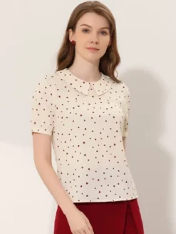 Allegra K Women's Heart Sweet Peter Pan Collar Puff Short Sleeve Blouses