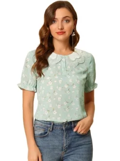 Allegra K Women's Peter Pan Collar Ruffled Bubble Short Sleeve Floral Blouses -Allegra K GUEST e529a864 15ee 4151 9fc6 c5f23e413669