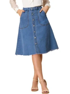 Allegra K Women's Denim Skirts Raw Hem Button Down Midi Jeans Skirt -Allegra K GUEST e5782589 7c77 4f0a 9387 5ebfff942e98