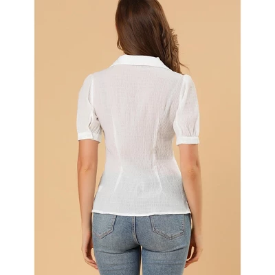 Allegra K Women's Camp Collar Button Front Textured Short Bubble Sleeve Shirt 3 Allegra K Women's Camp Collar Button Front Textured Short Bubble Sleeve Shirt - Image 3