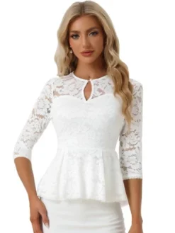 Allegra K Women's Floral Lace Keyhole Front Sheer 3/4 Sleeve Peplum Blouses -Allegra K GUEST e6c43e1a f8fe 49fd a657 63250a5c574d