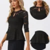 Allegra K Women's Floral Lace Keyhole Front Sheer 3/4 Sleeve Peplum Blouses