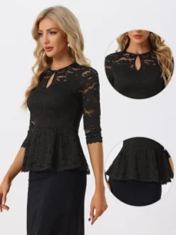Allegra K Women's Floral Lace Keyhole Front Sheer 3/4 Sleeve Peplum Blouses
