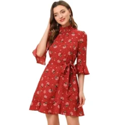 Allegra K Women's Floral 3/4 Bell Sleeve Smocked Belted Flare Ruffle Dress -Allegra K GUEST e70ebba8 8237 4132 bfbf d42e6883bb7c