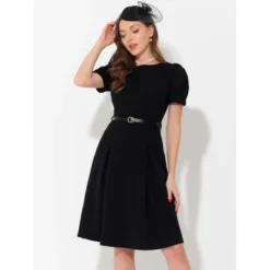 Allegra K Women's Elegant Work Belted Boat Neck Short Sleeve Knee Length Dresses