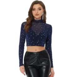 Allegra K Women's Mesh Crop Stars Mock Neck Party See Through Blouse -Allegra K GUEST e72c2af7 a9ad 49c5 b11c 09c7906a0389