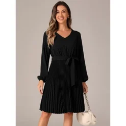 Allegra K Women's Pleated Tie Waist V Neck Long Sleeve A-Line Mini Dress -Allegra K GUEST e7c6617a 49d1 41aa abcb 8792b476f173