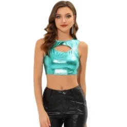 Allegra K Women's Metallic Crop Shiny Sleeveless Cut Out Party Clubwear Holographic Tank Tops -Allegra K GUEST e7ecd639 2cd0 484a a056 c8cd5103a068