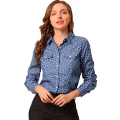 Allegra K Women's Point Collar Chest Pockets Button Down Dots Shirt -Allegra K GUEST e82bd708 db30 4289 966a dc7737368fa8