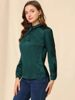 Allegra K Women's Dots Print Long Sleeve Stand Collar Vintage Blouse