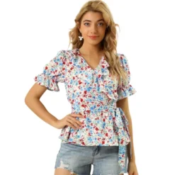 Allegra K Women's Peplum Waist Sweet Cherry Floral Crossover V Neck Ruffle Wrap Blouse -Allegra K GUEST e8fe9248 cf1e 450c 930a 631e5cf4256d