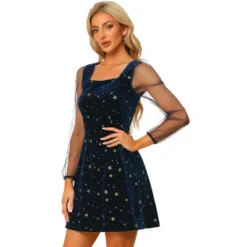 Allegra K Women's Mesh Sheer Puff Long Sleeve Square Neck Glitter Star Mini Velvet Dress -Allegra K GUEST e9f02f30 bb9b 4e15 bbcb e39e95a04e65