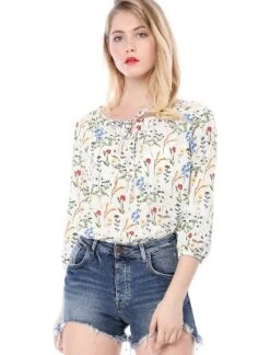 Allegra K Women's Bow Tie Round Neck 3/4 Raglan Sleeve Floral Blouse Tops -Allegra K GUEST ea579dd2 0775 471b a56c ade6de950963