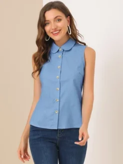 Allegra K Women's Casual Tops Sleeveless Button Down Peter Pan Collar Chambray Shirt -Allegra K GUEST ea734f1c b250 4f9c 8c49 7d8d2364c1aa