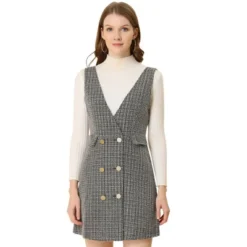 Allegra K Women's Elegant Vintage Button Front V Neck Plaid Tweed Overalls Pinafore Skirts -Allegra K GUEST eab31ed2 3975 4f4f 9e96 6c339663f8c6