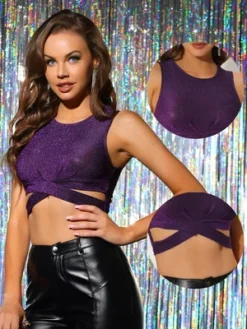 Allegra K Women's Party Glitter Cut Out Front Sleeveless Slim Fitted Crop Tank Top