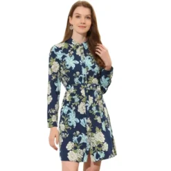 Allegra K Women's Lapel Button Down Belted Above Knee Vintage Polka Dots Floral Shirt Dress -Allegra K GUEST eaed1665 c731 4e8c b091 f648b4386365