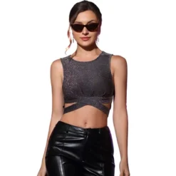 Allegra K Women's Party Glitter Cut Out Front Sleeveless Slim Fitted Crop Tank Top -Allegra K GUEST eb2f97e9 c534 48eb 9a63 0059f0d55692