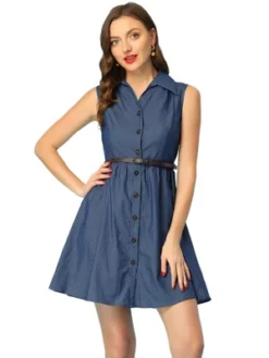 Allegra K Women's V Neck Collared Sleeveless Belted Mini Casual Chambray Dress -Allegra K GUEST eb41f2b7 1859 4ff5 b0c5 242b35b4bb95