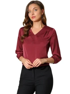 Allegra K Women's V Neck 3/4 Sleeve Casual Office Work Satin Blouses -Allegra K GUEST eb58c65b fe19 49aa bb14 37fb06185d22