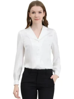Allegra K Women's Elegant Collar V Neck Long Sleeve Work Office Satin Button Down Shirt -Allegra K GUEST eb9f7bf0 f8b4 4934 85af 38e1df7a8319