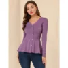 Allegra K Women's V Neck Long Sleeve Ribbed Pullover Knitted Peplum Top