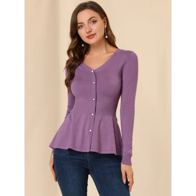 Allegra K Women's V Neck Long Sleeve Ribbed Pullover Knitted Peplum Top 1 Allegra K Women's V Neck Long Sleeve Ribbed Pullover Knitted Peplum Top