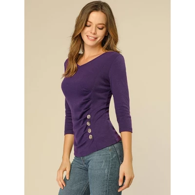 Allegra K Women's V Neck 3/4 Sleeves Solid Knitted Buttons Decor Ruched Blouse 1 Allegra K Women's V Neck 3/4 Sleeves Solid Knitted Buttons Decor Ruched Blouse