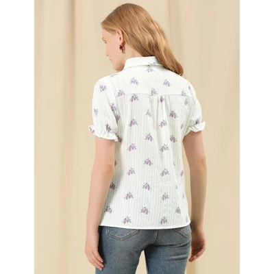 Allegra K Women's Frilled Top Peter Pan Collar Blossoms Floral Print Blouse Shirt 4 Allegra K Women's Frilled Top Peter Pan Collar Blossoms Floral Print Blouse Shirt - Image 4