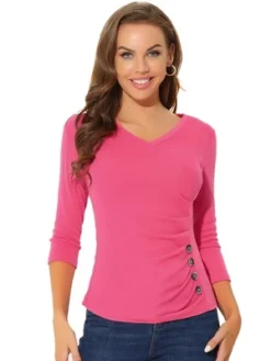 Allegra K Women's V Neck 3/4 Sleeves Solid Knitted Buttons Decor Ruched Blouse 38 Allegra K Women's V Neck 3/4 Sleeves Solid Knitted Buttons Decor Ruched Blouse -Allegra K GUEST ecd81307 859d 438d ac56 38e6f6c182fa