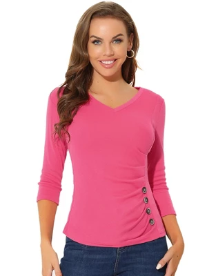 Allegra K Women's V Neck 3/4 Sleeves Solid Knitted Buttons Decor Ruched Blouse 19 Allegra K Women's V Neck 3/4 Sleeves Solid Knitted Buttons Decor Ruched Blouse - Image 19