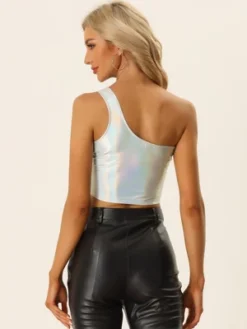 Allegra K Women's Metallic Cropped One Shoulder Party Tank Tops -Allegra K GUEST ed1eb1f6 85fb 4312 8587 aa5b676189c9