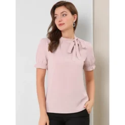 Allegra K Women's Bow Tie Neck Elegant Office Short Sleeve Blouse