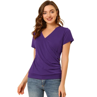Allegra K Women's Wrap V Neck Short Sleeve Button Decor Ruched Blouses 8 Allegra K Women's Wrap V Neck Short Sleeve Button Decor Ruched Blouses - Image 8