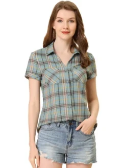 Allegra K Women's Point Collar Short Sleeve Button Down Plaid Shirt -Allegra K GUEST ed3a43ce 98e7 4832 9f8d cdede66f496f